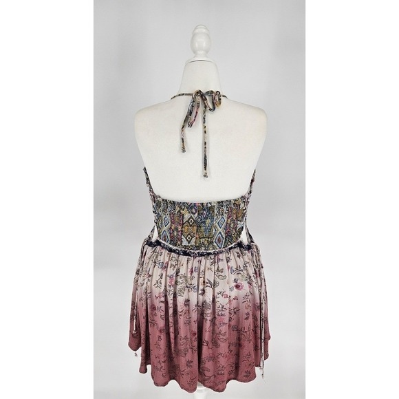Boho Halter Mini Dress XL Mixed Print Floral Ombre Handkerchief - Picture 7 of 11
